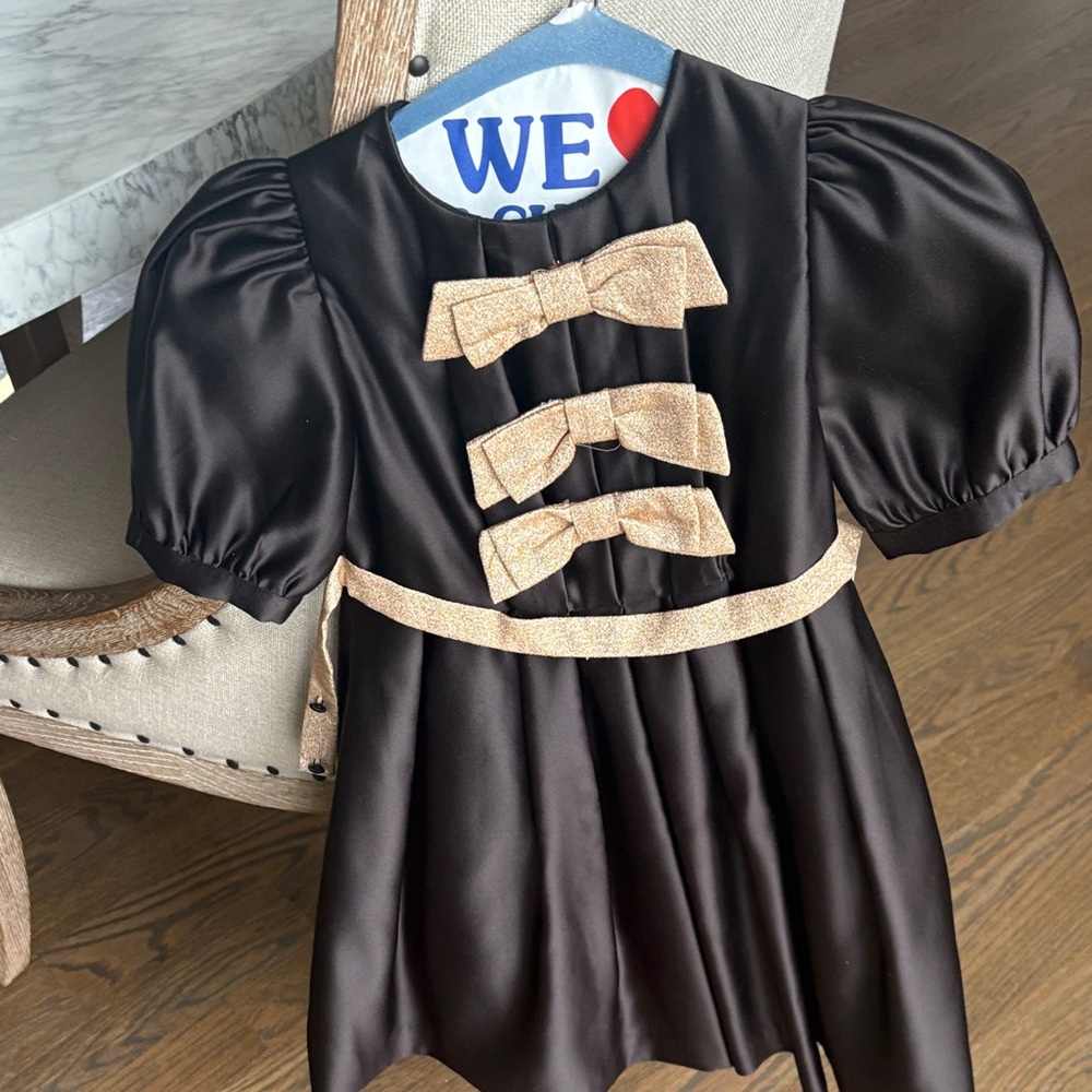 Girls Black Satin Dress with Gold Bow Trim